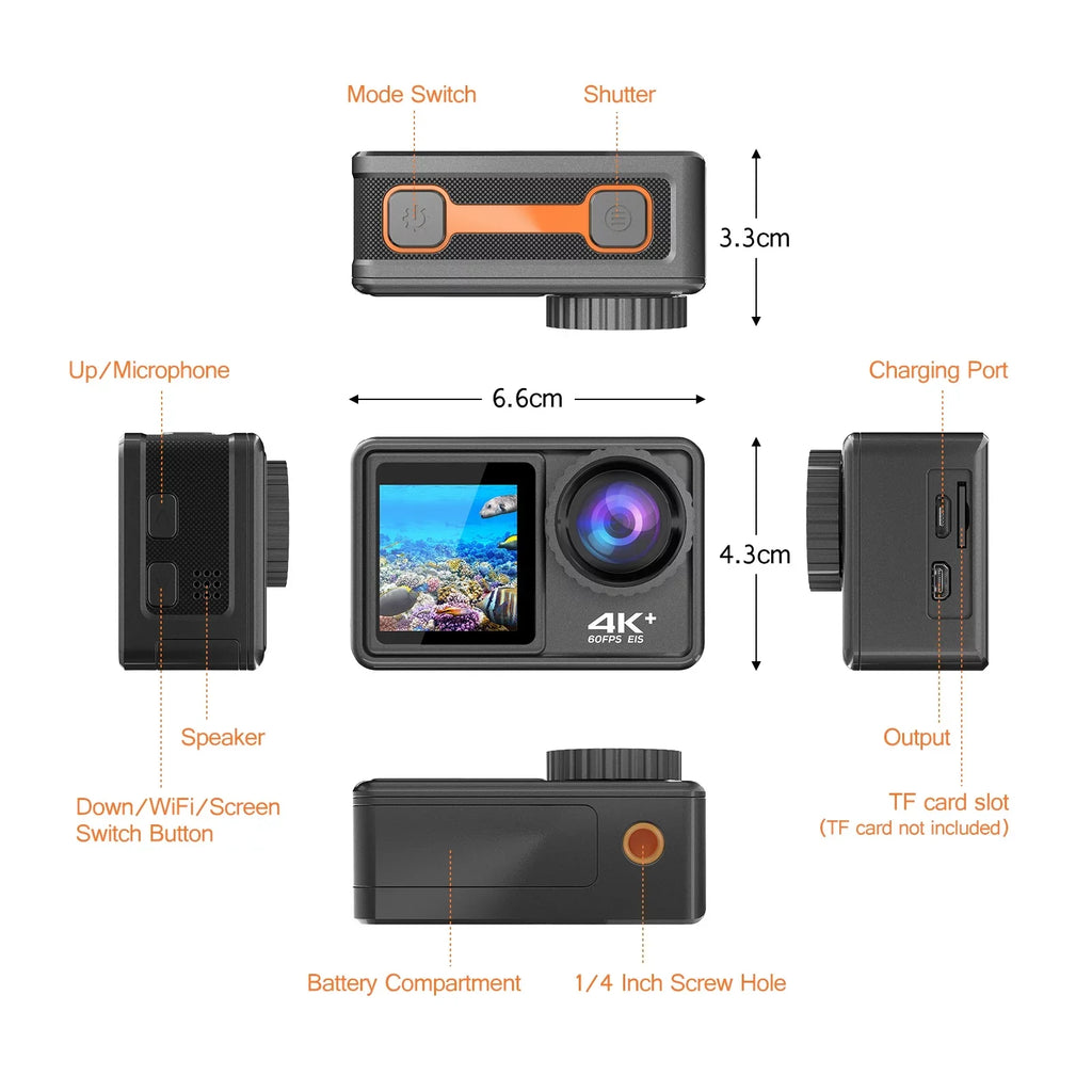 4K 24MP Dual Screen Sport Camera  Camcorder 2.0 Inch Screen 170° Wide Angle  40m Waterproof WiFi with Macro   8 16 Purple Lens for Outdoor Sports
