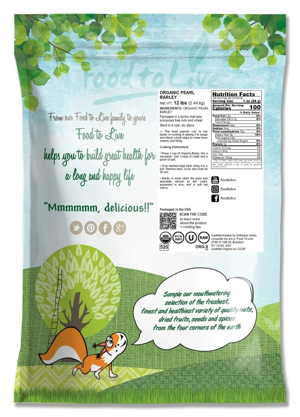 Organic Pearl Barley, 12 Pounds — Non-, Kosher, Raw, Vegan — by Food to Live