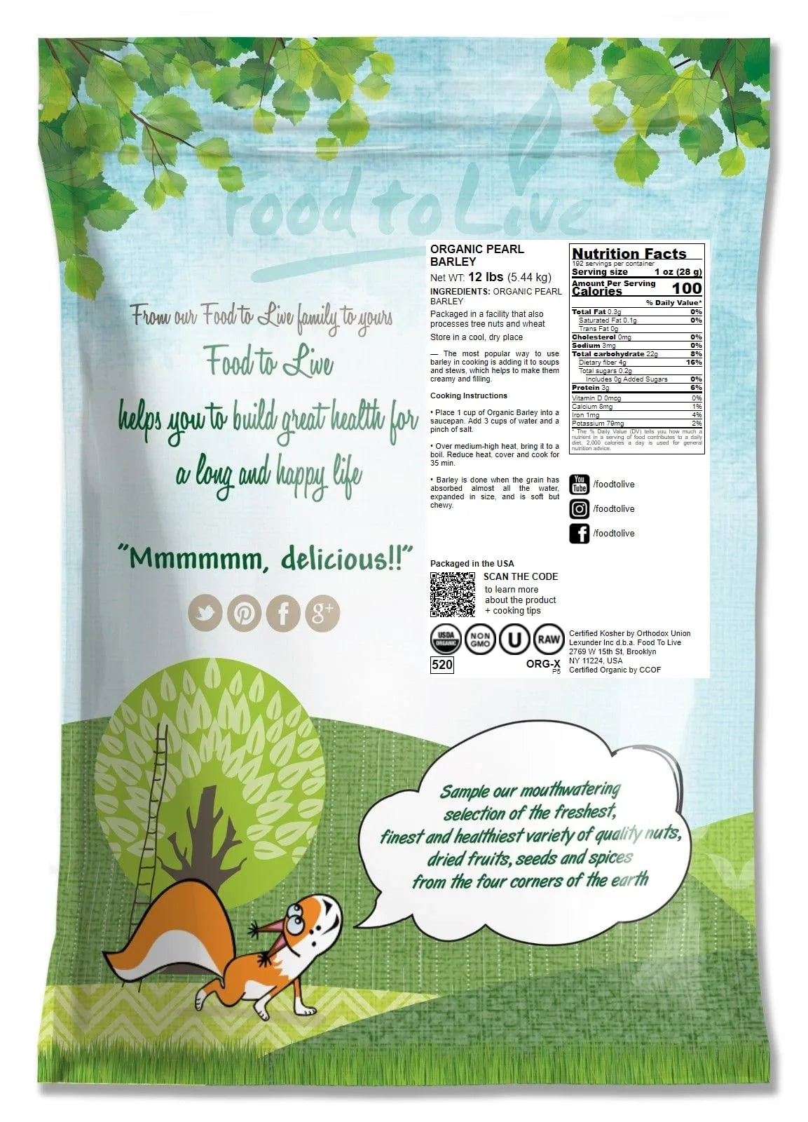 Organic Pearl Barley, 12 Pounds — Non-, Kosher, Raw, Vegan — by Food to Live