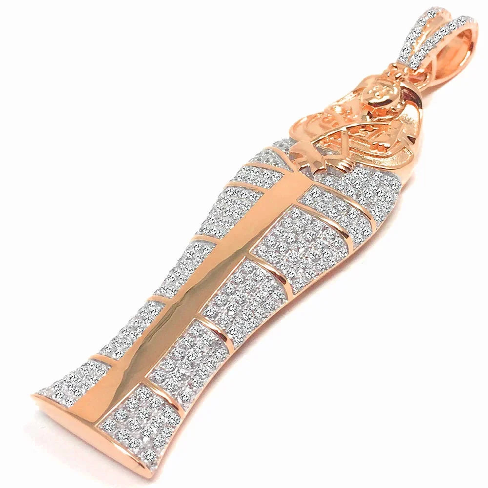 3.25'' 10K Rose Gold On Real Sterling Silver Lab Diamonds Egyptian Pharaoh King Tut Mummy Pendant Charm