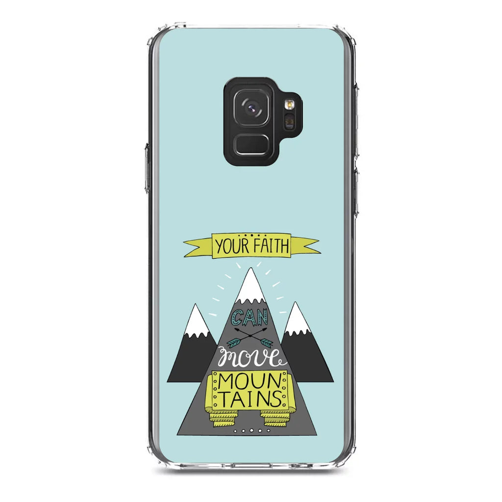 DistinctInk Clear Shockproof Hybrid Case for Samsung Galaxy  (5.8" Screen) -  Bumper, Acrylic Back, Tempered Glass Screen Protector - Your Faith Can Move Mountains