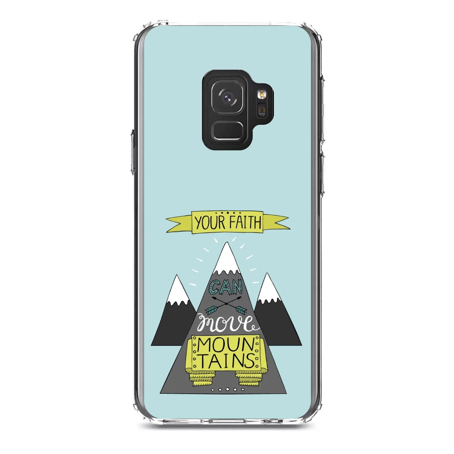 DistinctInk Clear Shockproof Hybrid Case for Samsung Galaxy  (5.8" Screen) -  Bumper, Acrylic Back, Tempered Glass Screen Protector - Your Faith Can Move Mountains