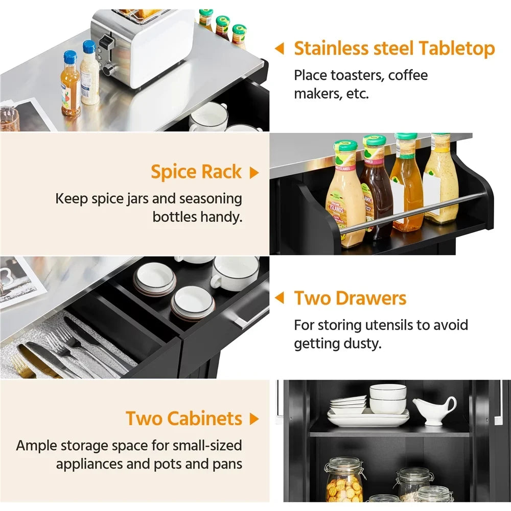Topeakmart Rolling Kitchen Island with Storage Drawers & Towel Bar & Spice Rack, Black