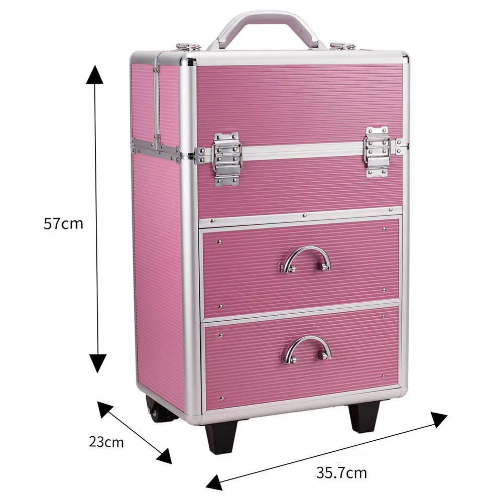Ktaxon 3 in 1 Pro Rolling Aluminum Makeup Case, Lockable Cosmetic Train Box Storage Trolley, Pink