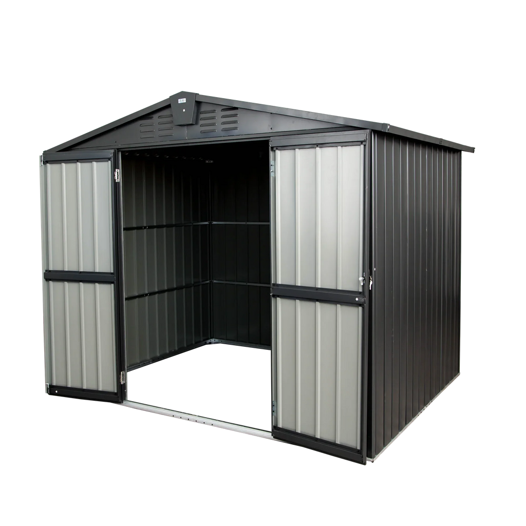 Capri 8.2'x 6.2' Outdoor Storage Shed, Metal Garden Shed for Bike, Trash Can, Galvanized Steel Outdoor Storage Cabinet with Lockable Door for Backyard, Patio, Lawn, Black