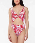Jessica Simpson Printed Paradiso Palm -Ring Cut-Out One-Piece Swimsuit: /Fuchsia Multi
