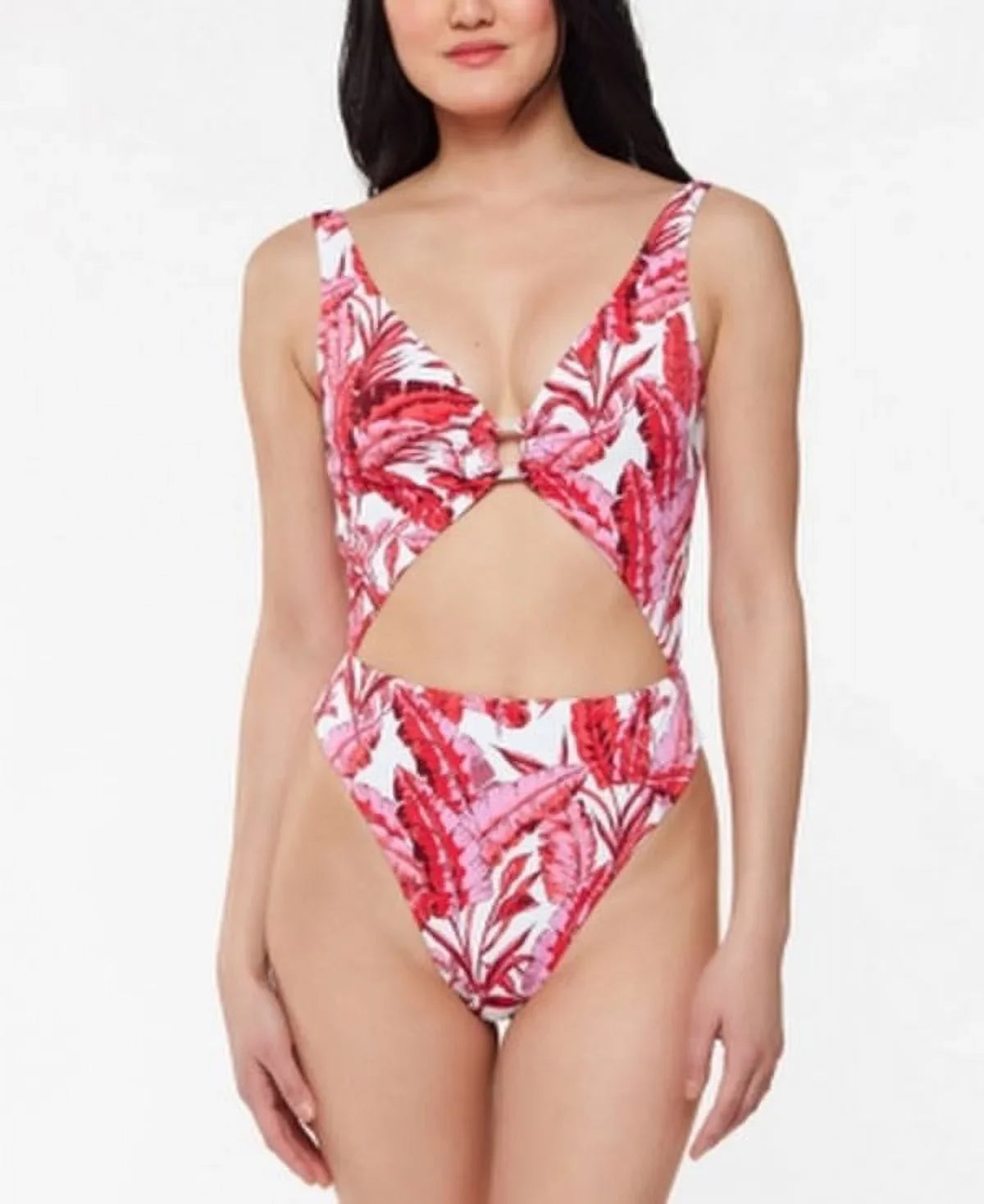 Jessica Simpson Printed Paradiso Palm -Ring Cut-Out One-Piece Swimsuit: /Fuchsia Multi