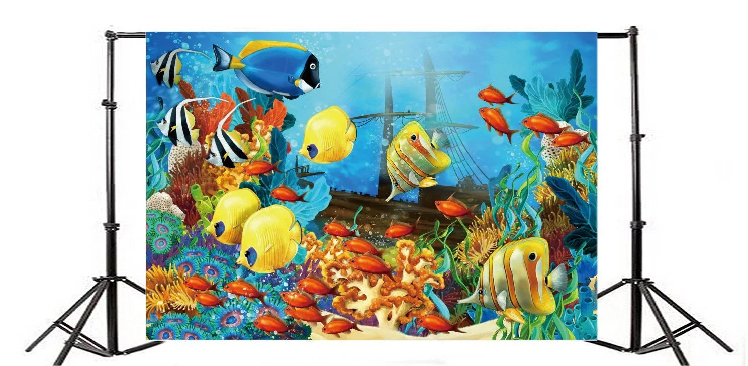 GreenDecor 7x5ft Underwater World Backdrop Aquarium Fish Coral Bubble Ship Blue Water Interior Wallpaper Cartoon Photography Background Sweet Boys Gir