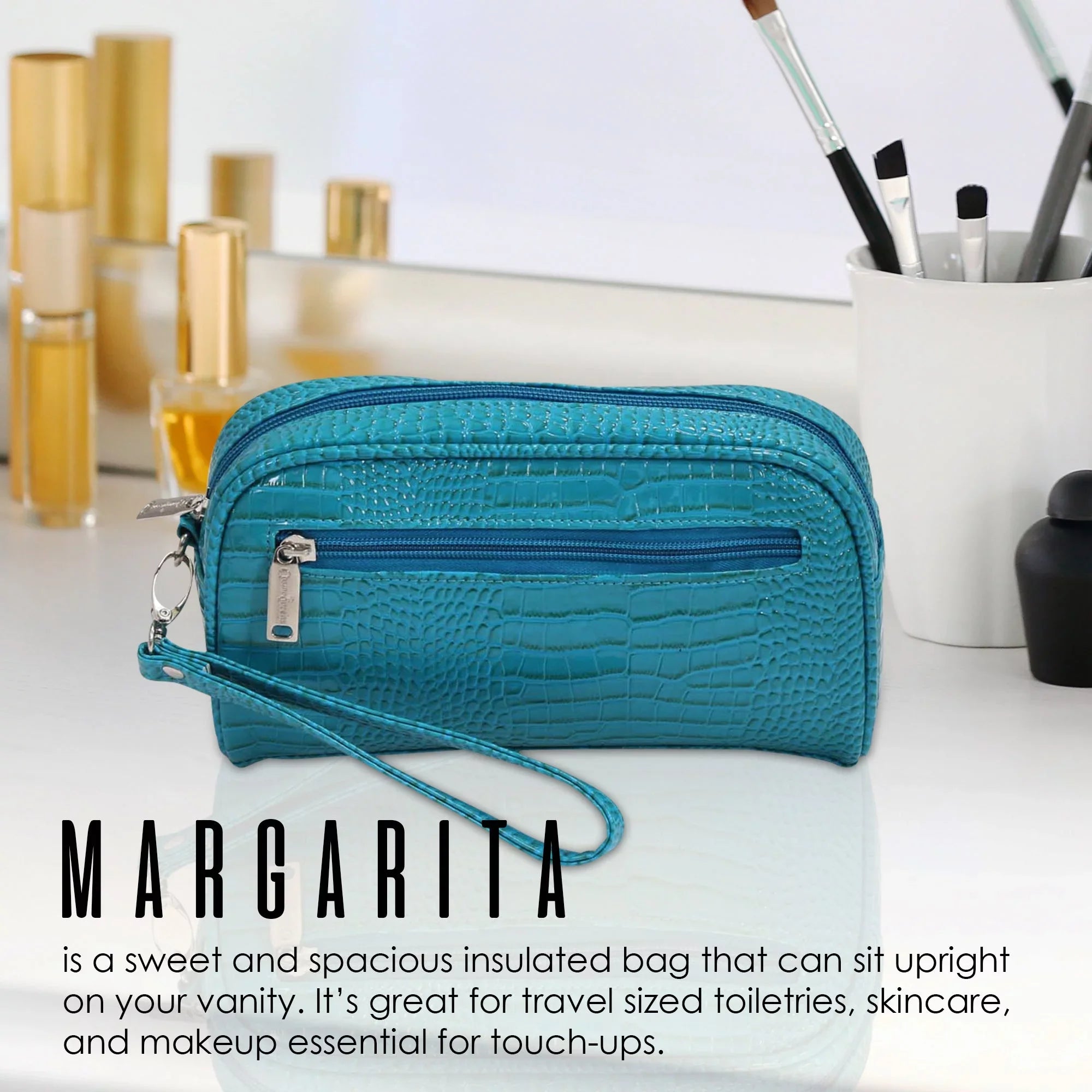 Picnic Gift 7666- Margarita-Insulated Cosmetics Bags with Removable Wristlet, Pink Reptilian