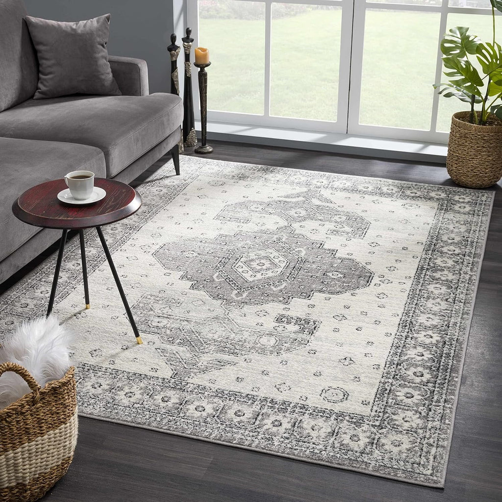 Marash Collection Goksun Persian Traditional Living Room, Bedroom, Indoor Area Rug - Oriental Medallion Pattern - Boho Vintage Distressed - Grey, Beige - 7'10"  10'