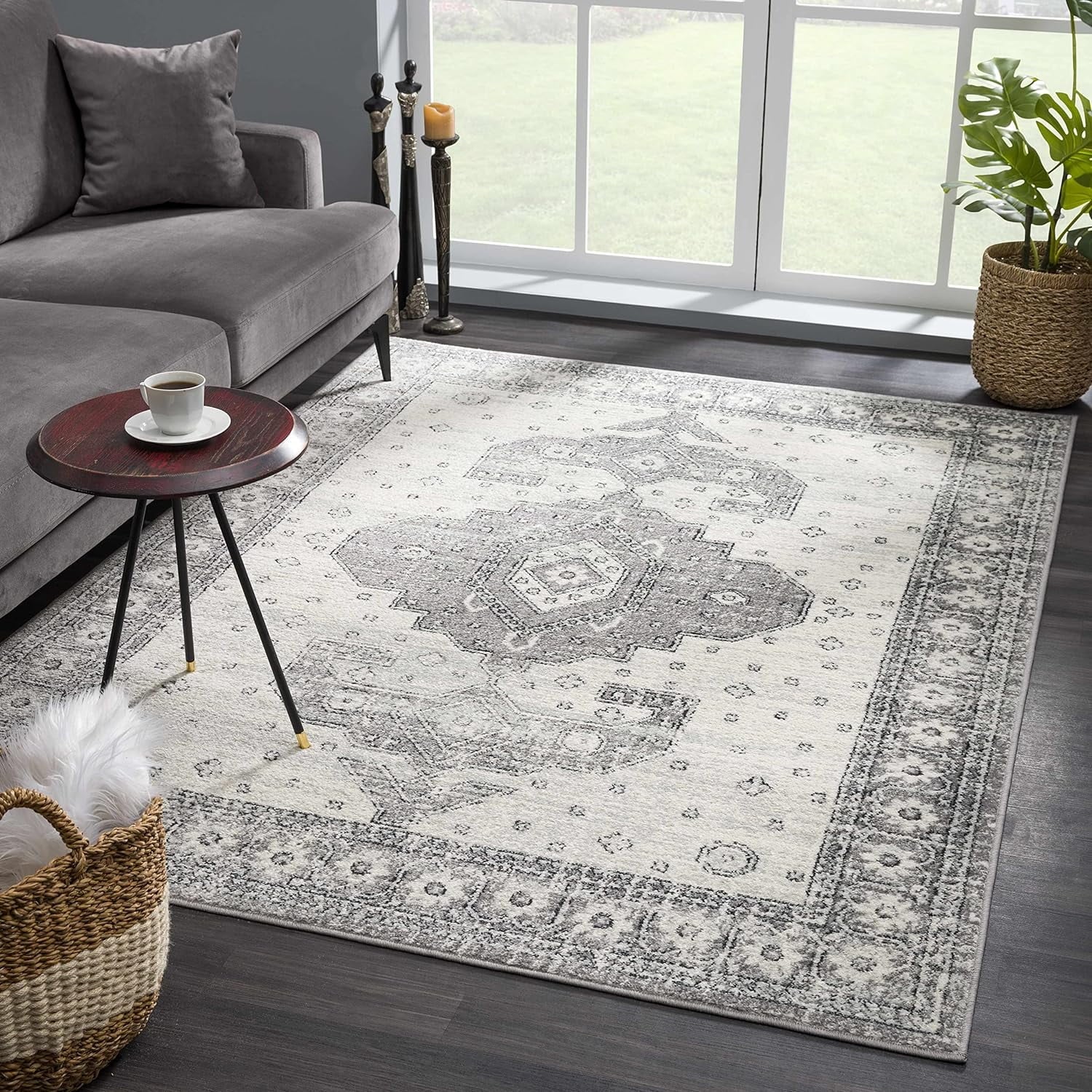 Marash Collection Goksun Persian Traditional Living Room, Bedroom, Indoor Area Rug - Oriental Medallion Pattern - Boho Vintage Distressed - Grey, Beige - 7'10"  10'