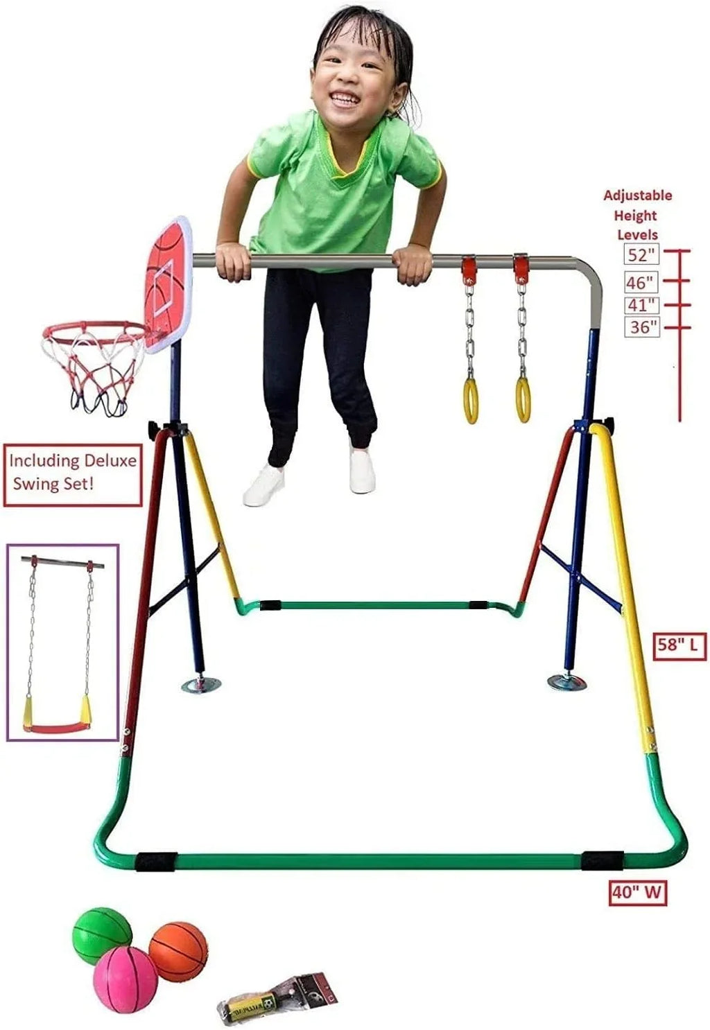 Height-Adjustable 4-in-1 Gymnastics Bar Set with Swing, Rings, Basketball Hoop - Folding Junior Training Bar for Home Gym