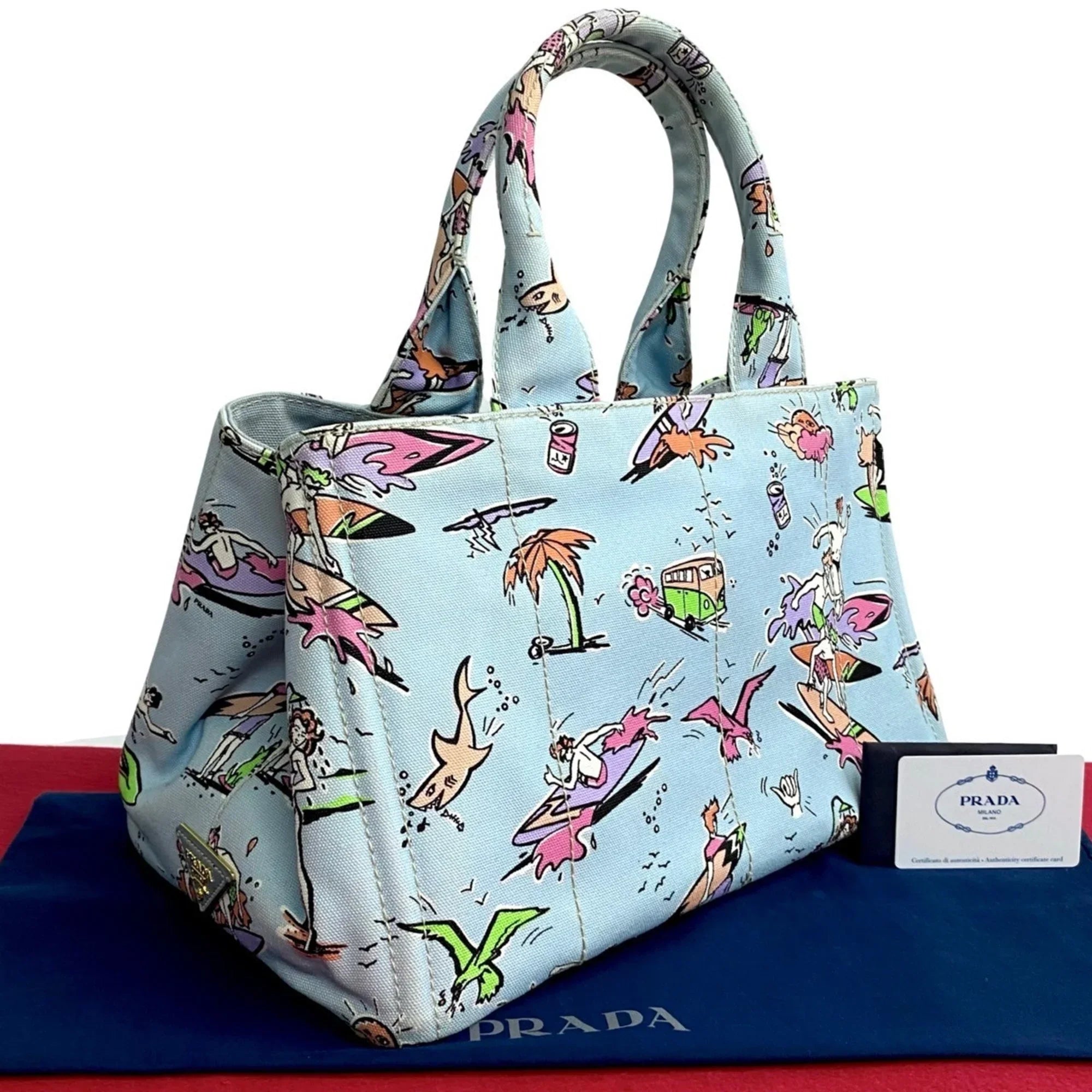 Pre-Owned  Prada Triangle Canapa Surfing Pattern Canvas Handbag Tote Bag Blue Multicolor 25905 (Good)