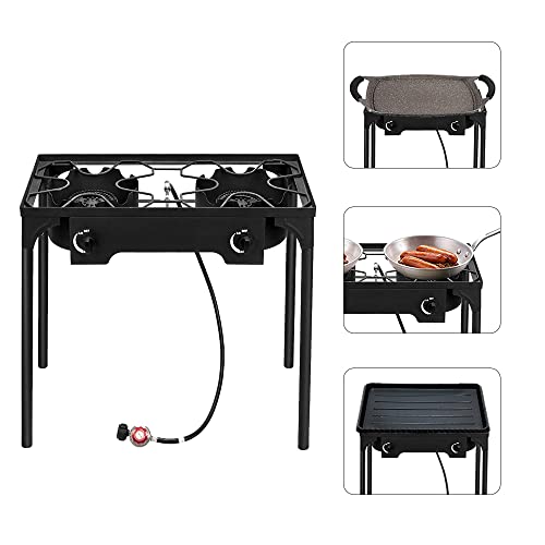 Outvita 2 Burner Propane Gas Stove for Outdoor Cooking, 150,000  Camping Cooker with Removable Legs, Temperature Control Knobs for Backyard Cooking, , Baking and Frying