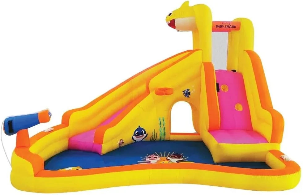 Funormous Baby Shark Bounce House with Slide Wet or Dry, Pink Fong Inflatable Water Slide, Party Outdoor Curve Waterslide Fun, Kids Backyard Water Park, Includes Water Sprayer, Pool & Blower