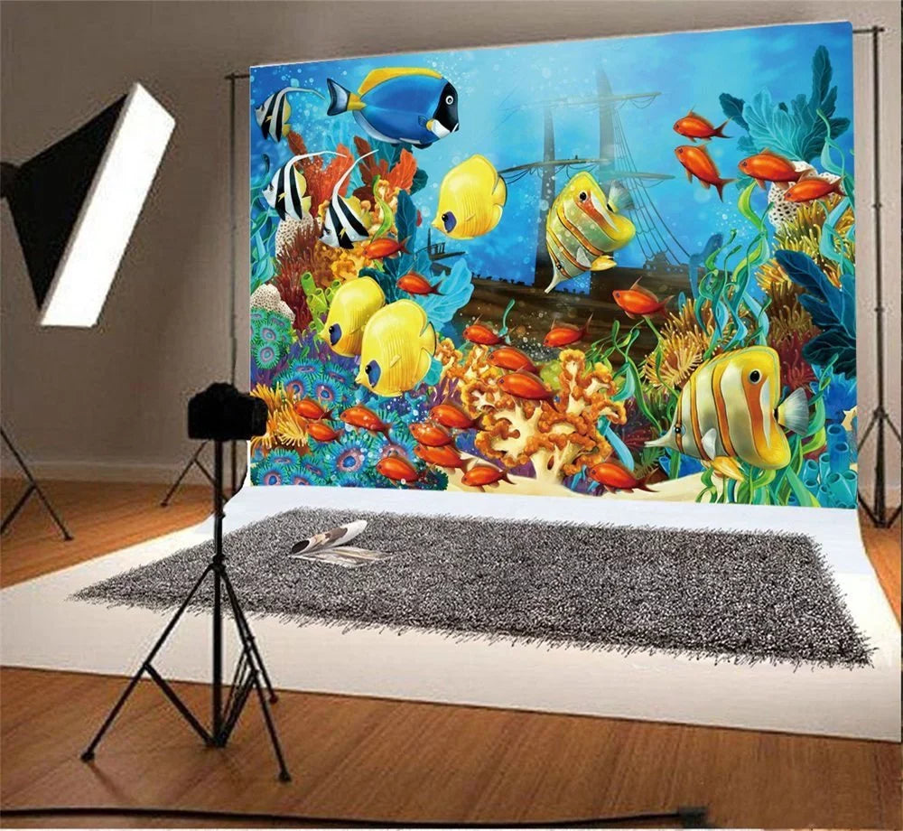 GreenDecor 7x5ft Underwater World Backdrop Aquarium Fish Coral Bubble Ship Blue Water Interior Wallpaper Cartoon Photography Background Sweet Boys Gir