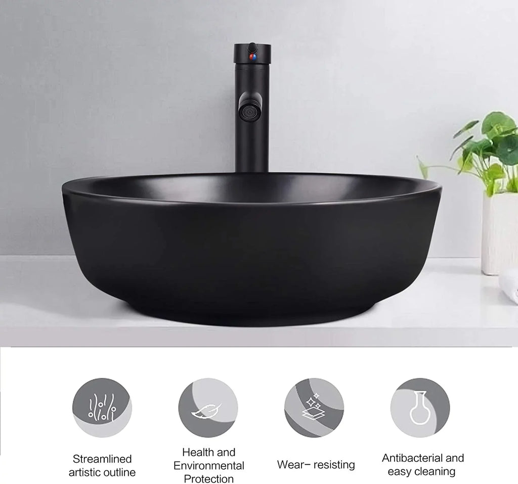 Artistic Porcelain Ceramic Vessel Sink Basin Washing Bowl Set Cabinet Countertop Sink with Chrome Faucet Pop-up Drain and Water Pipe Lavatory