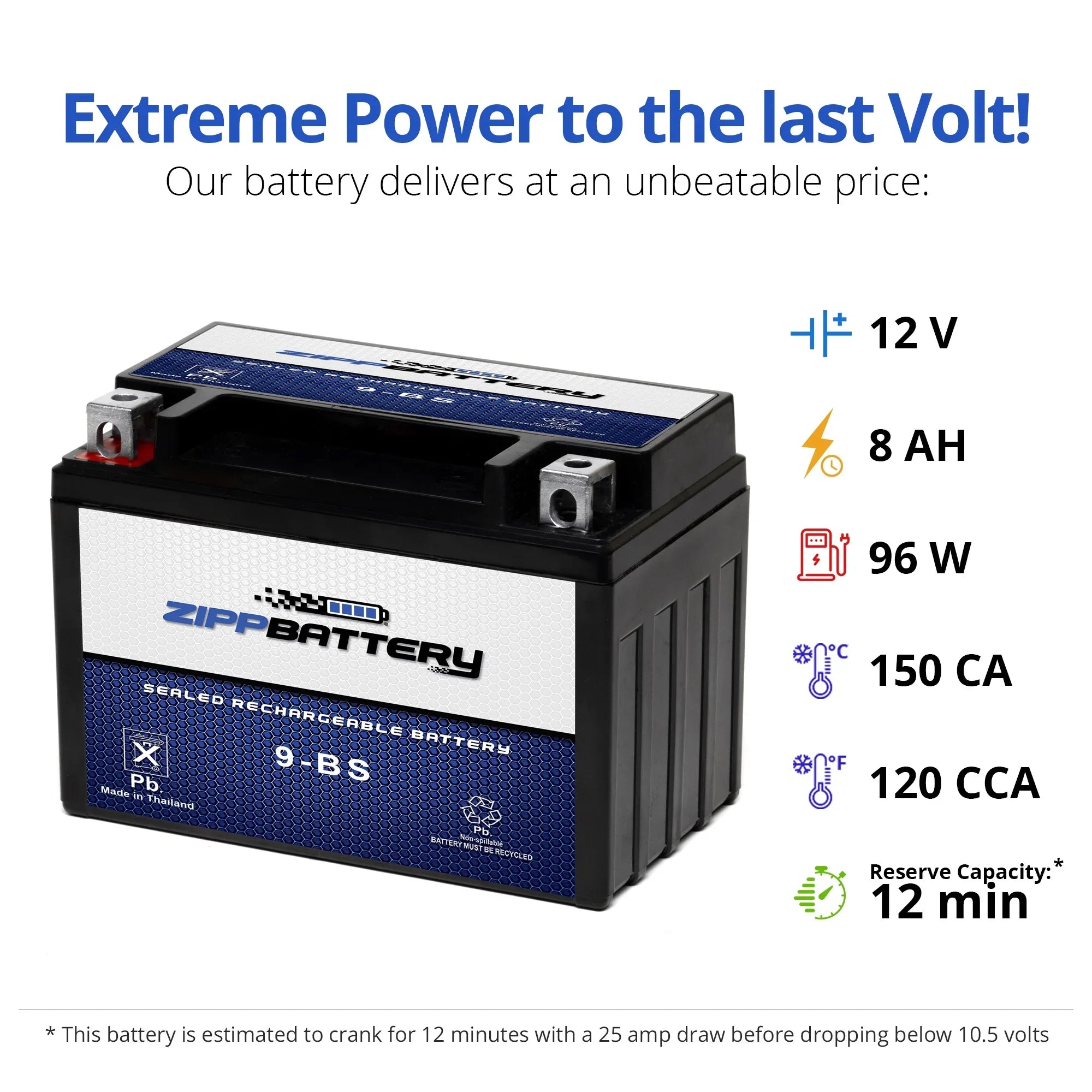Zipp Battery - (9- 12 Volt,8 Ah, 120 ) Scooter Battery for Honda Ch150 Elite 150cc 85'-86'