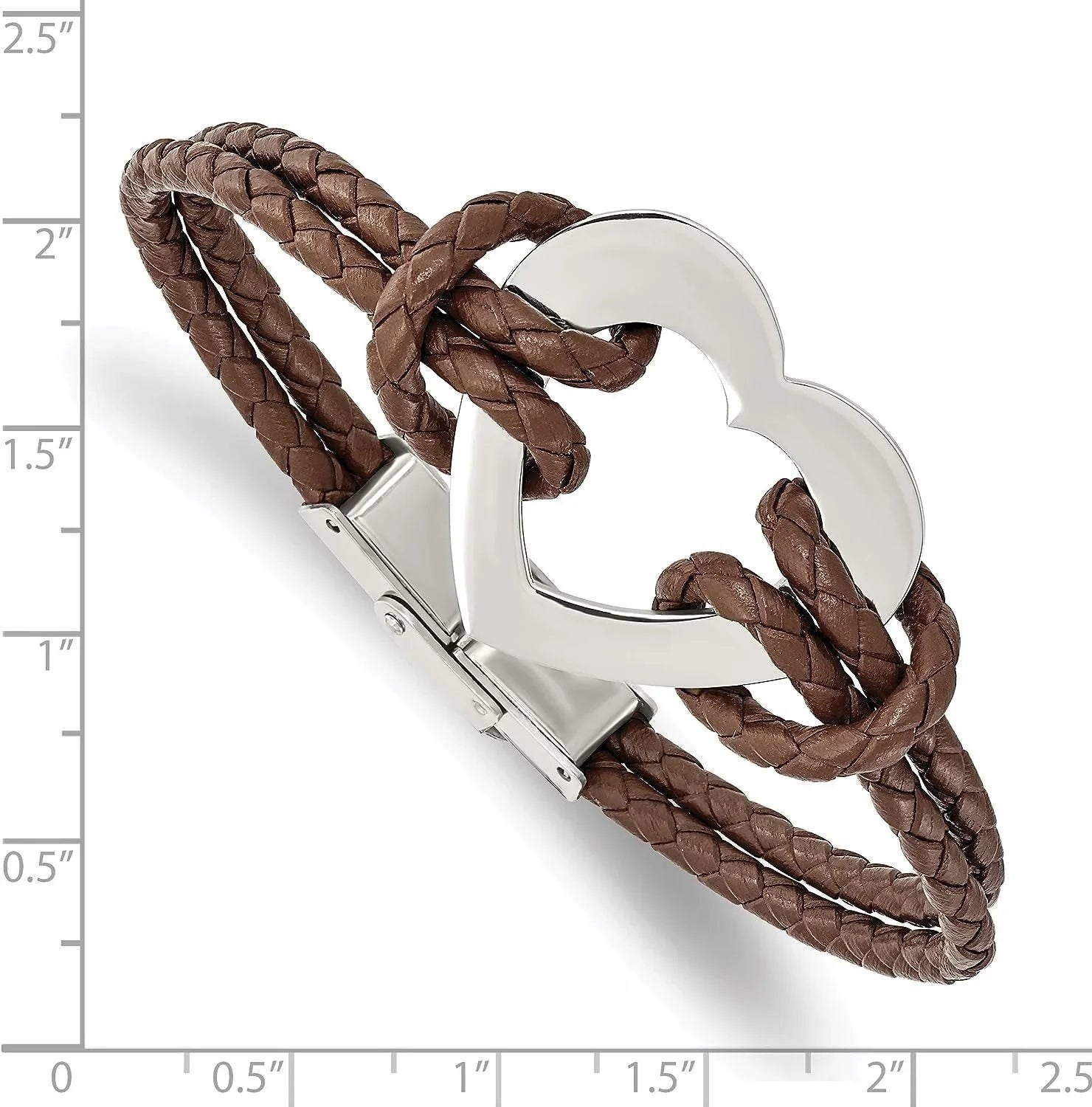 Chisel Stainless Steel Polished Heart Brown Braided Leather Bracelet - 7.5"