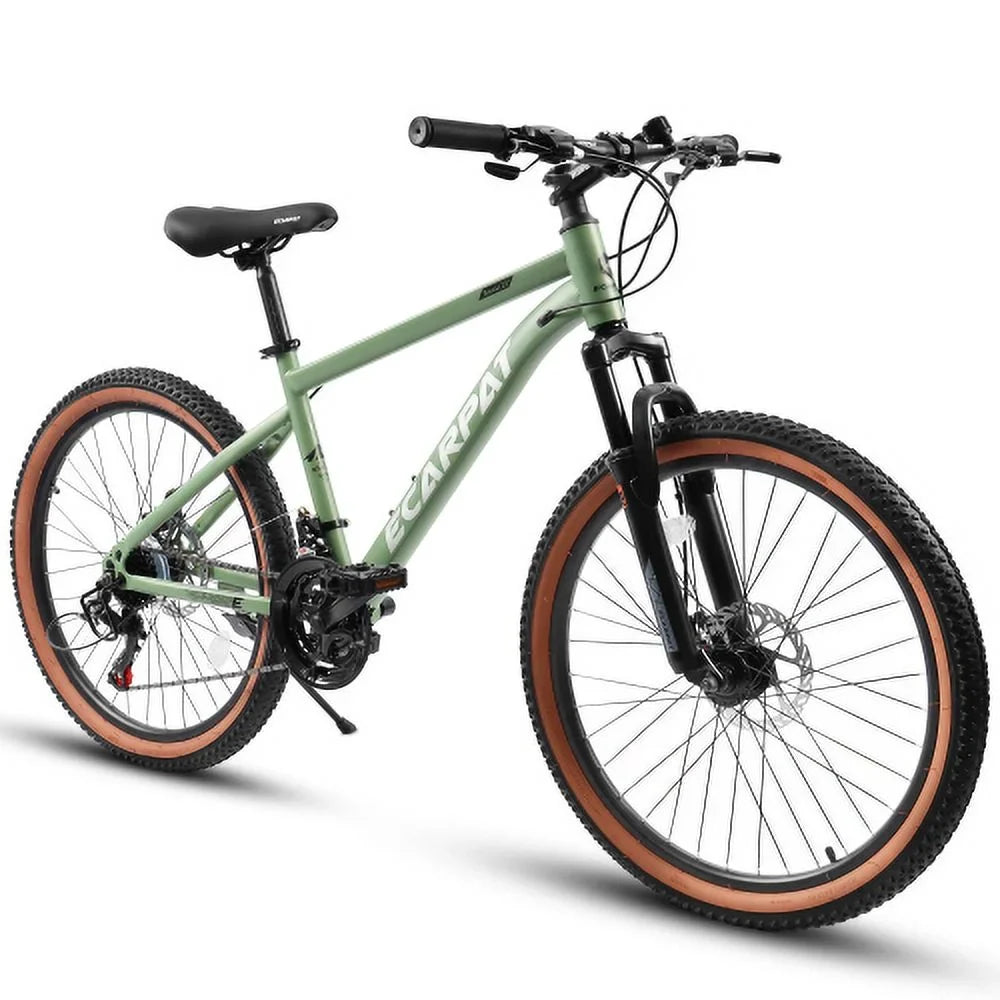 Ecarpat Mountain Bike 24 Inch Wheels, 21-Speed Mens Womens Trail Commuter City Mountain Bike, Carbon steel Frame Disc Brakes Thumb Shifter Front Fork Bicycles