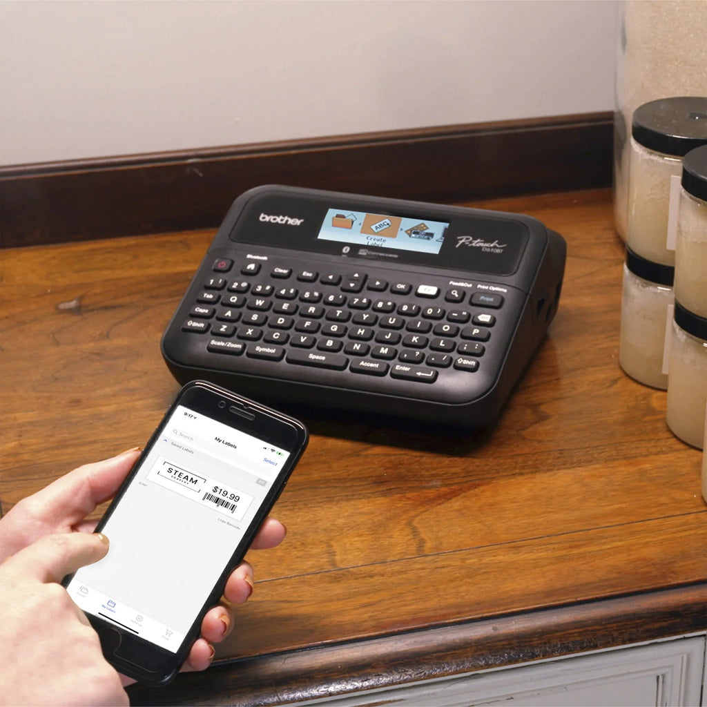 Brother -touch Business Professional Connected Label Maker - with Bluetooth® Connectivity, includes carry case and 4m Black Print on Clear Sample Label Tape ~1/2” (12mm).