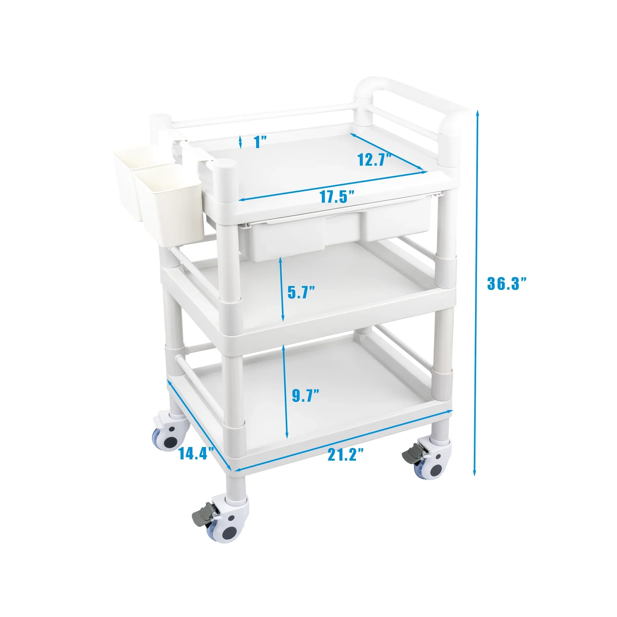 Medical Mobile Trolley Cart 3 Tier 500 Lbs Spacious Beauty Salon Rolling Trolley with Dirt Buckets Drawers 360°Rotate Wheels Heavy Duty Medical Utility Cart for Hospital Dental Clinic