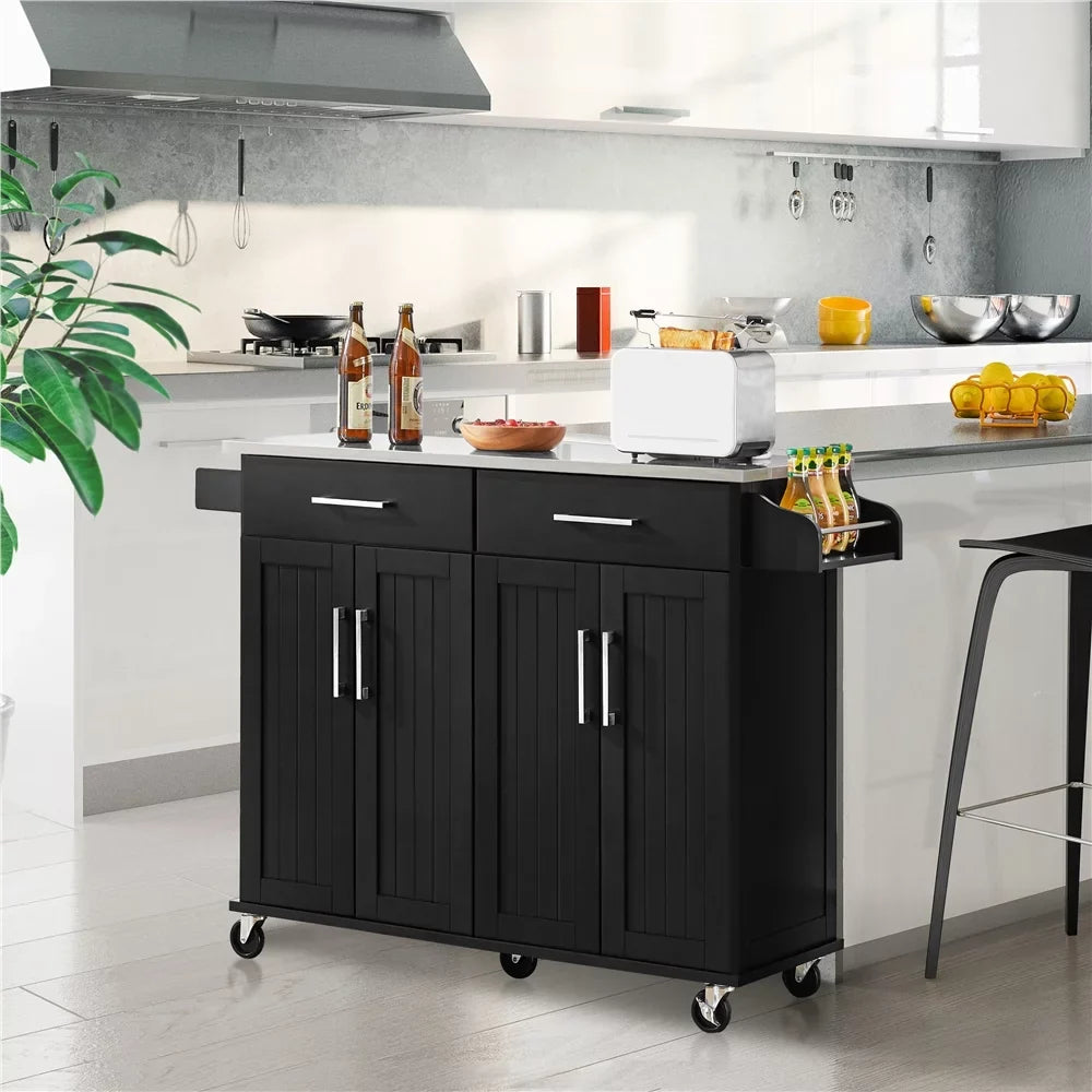 Topeakmart Rolling Kitchen Island with Storage Drawers & Towel Bar & Spice Rack, Black