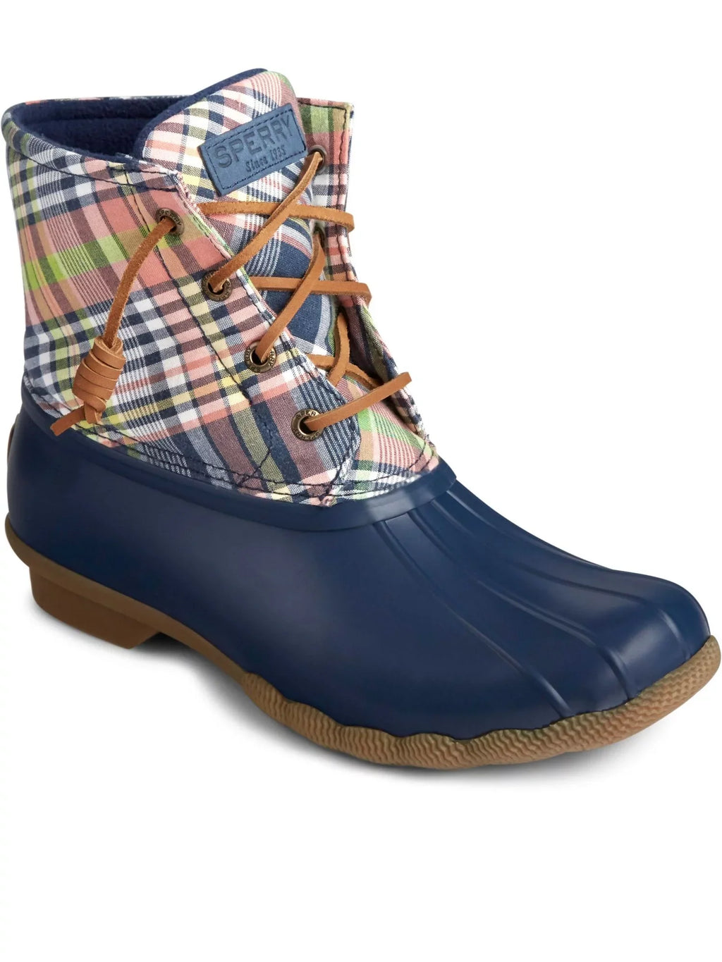 Womens Blue Plaid Lace Non-Marking Water Resistant Saltwater Round Toe Block Heel Zip-Up Duck Boots 8.5
