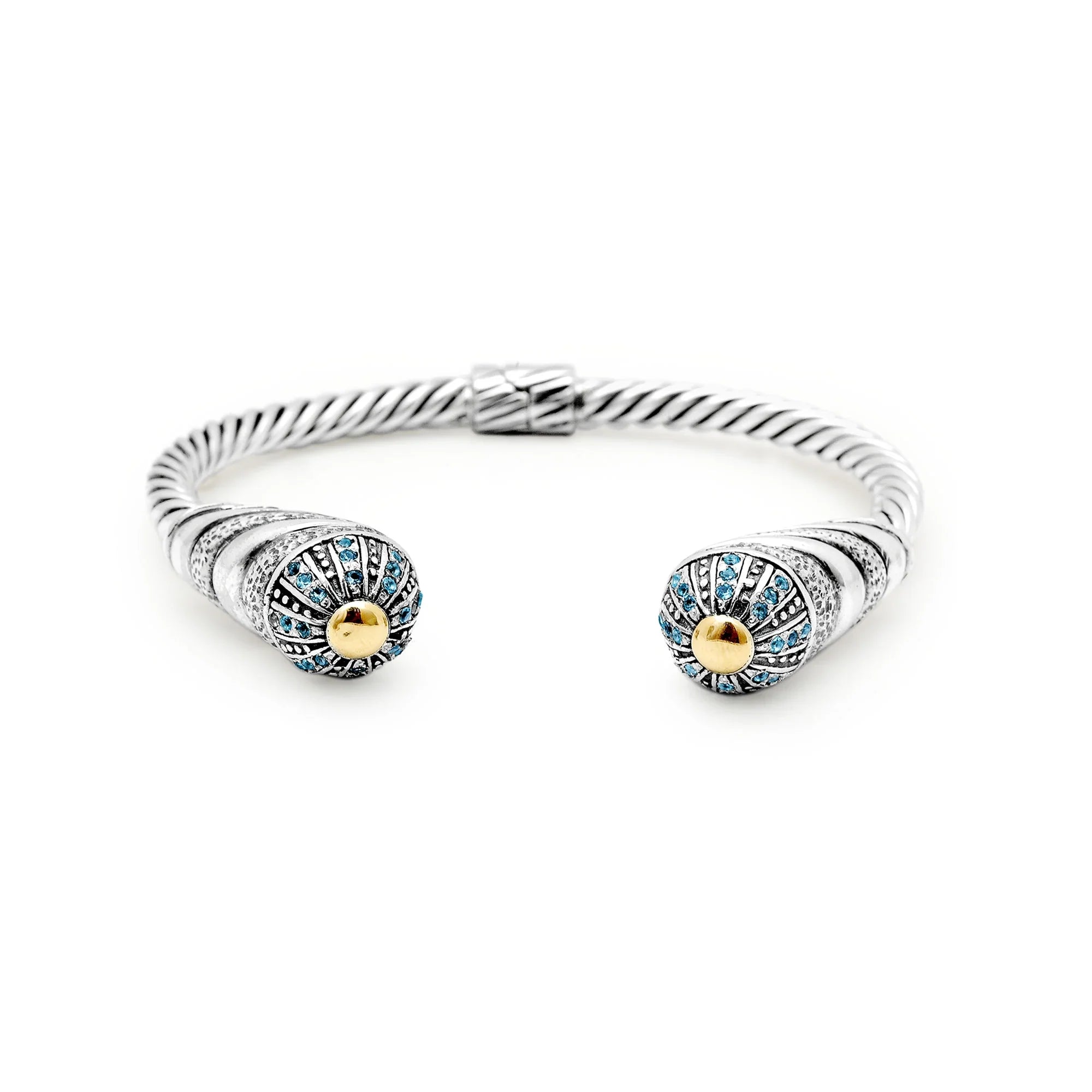 Deni Jewelry 18K Gold & Silver cable cuff bracelet, Blue Topaz Pave Setting