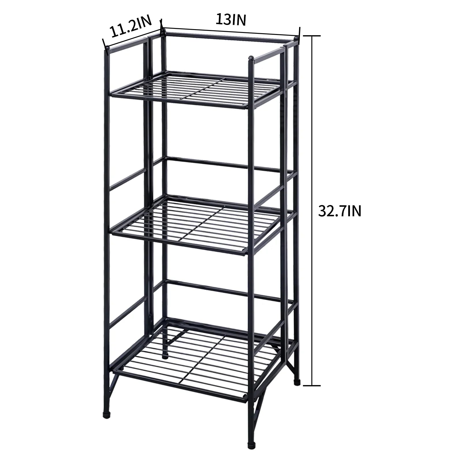 3 Tier Wide Folding Metal Shelf, Metal Storage Rack, 13 x 11 x 33" Wire Shelving Unit, Heavy Duty Kitchen Organizer Shelf, Black