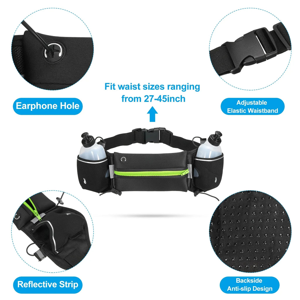 Uxcell Running Belt with Water Bottles, Hydration Waist Pack Running Pouch Belt, Green