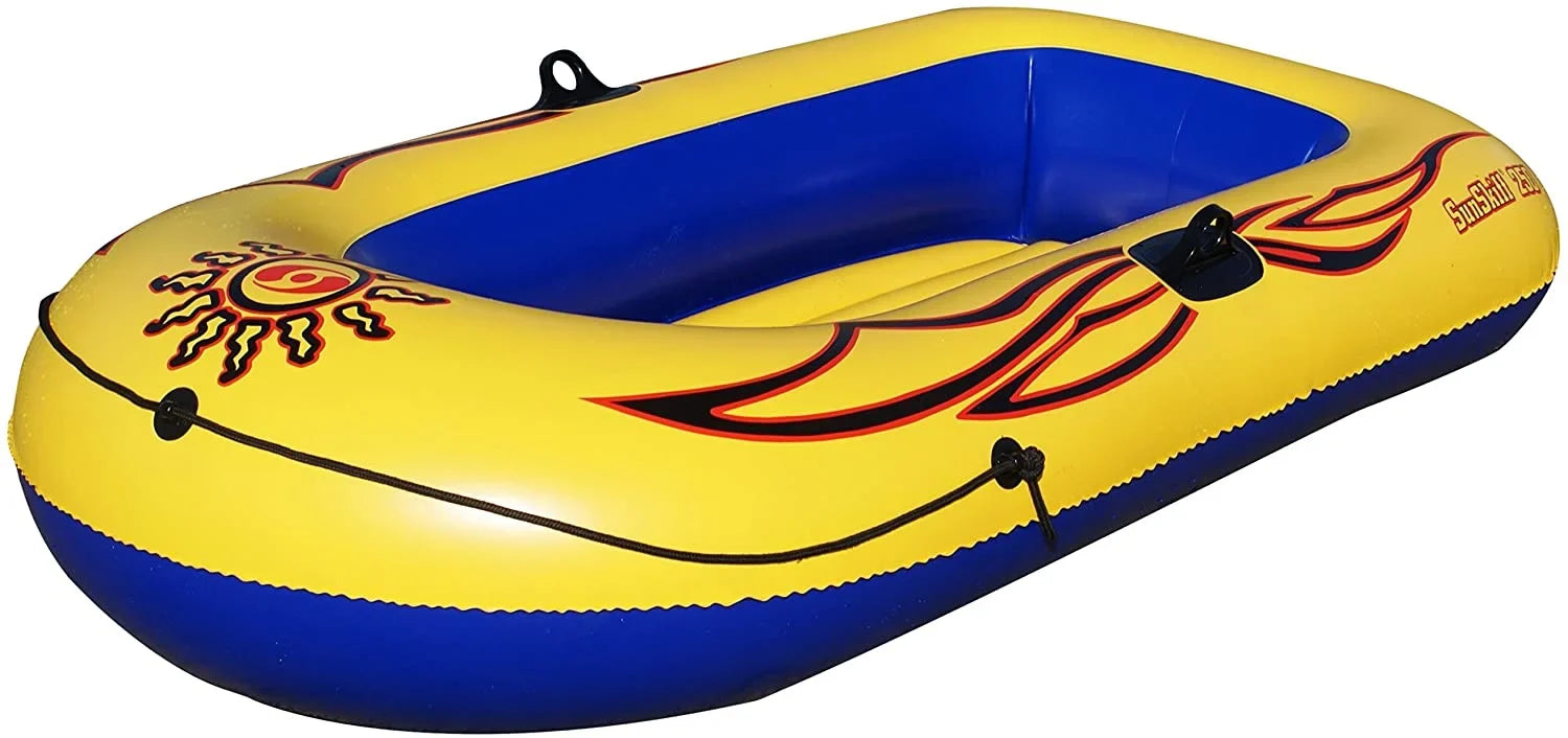 Inflatable Boat Rafts 2 Person for Adults & Kids Comes / Pole Oar Holders Cushioned Comfortable Base Grab Line 6 Ft Size Sunskiff Kits Dinghy Air Floor Yellow