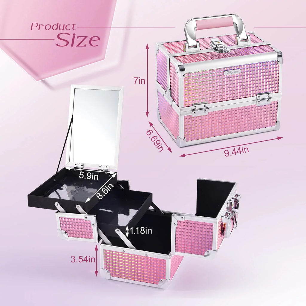 Joligrace Makeup Train Case Cosmetics Box with Mirror Lockable 2 Trays Makeup Case Organizer