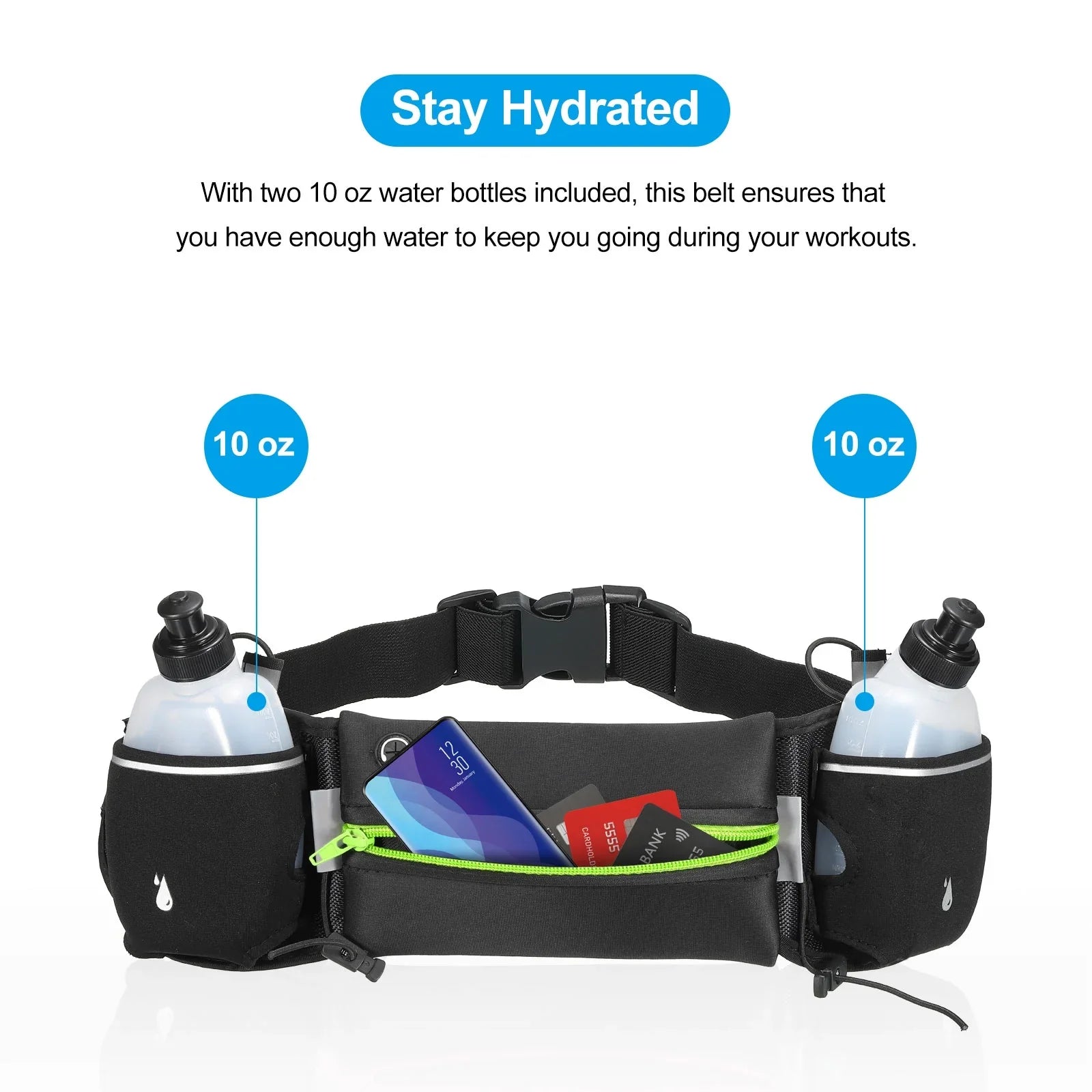 Uxcell Running Belt with Water Bottles, Hydration Waist Pack Running Pouch Belt, Green