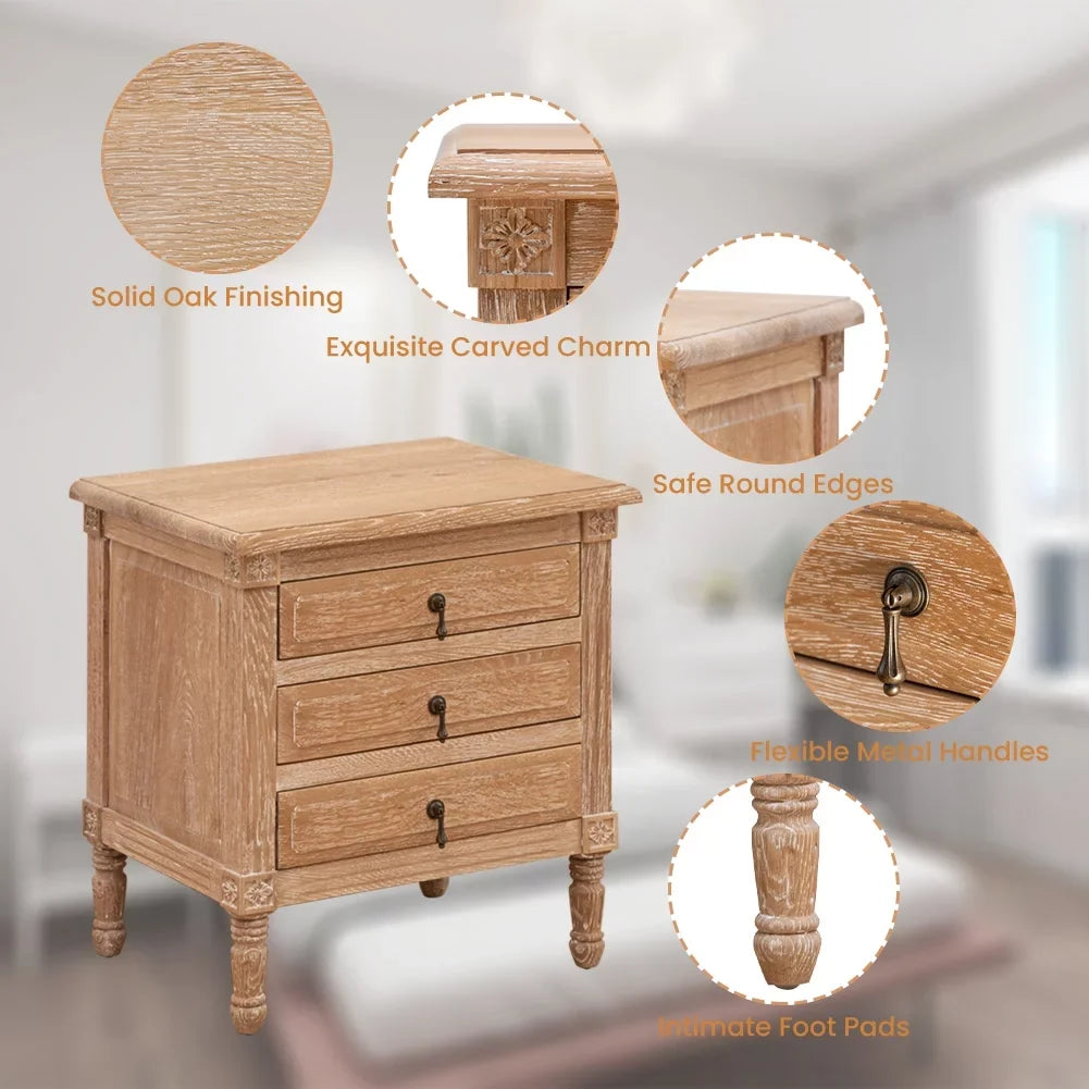 Pellebant Oak Nightstand with 3 Drawers Bedroom Furniture