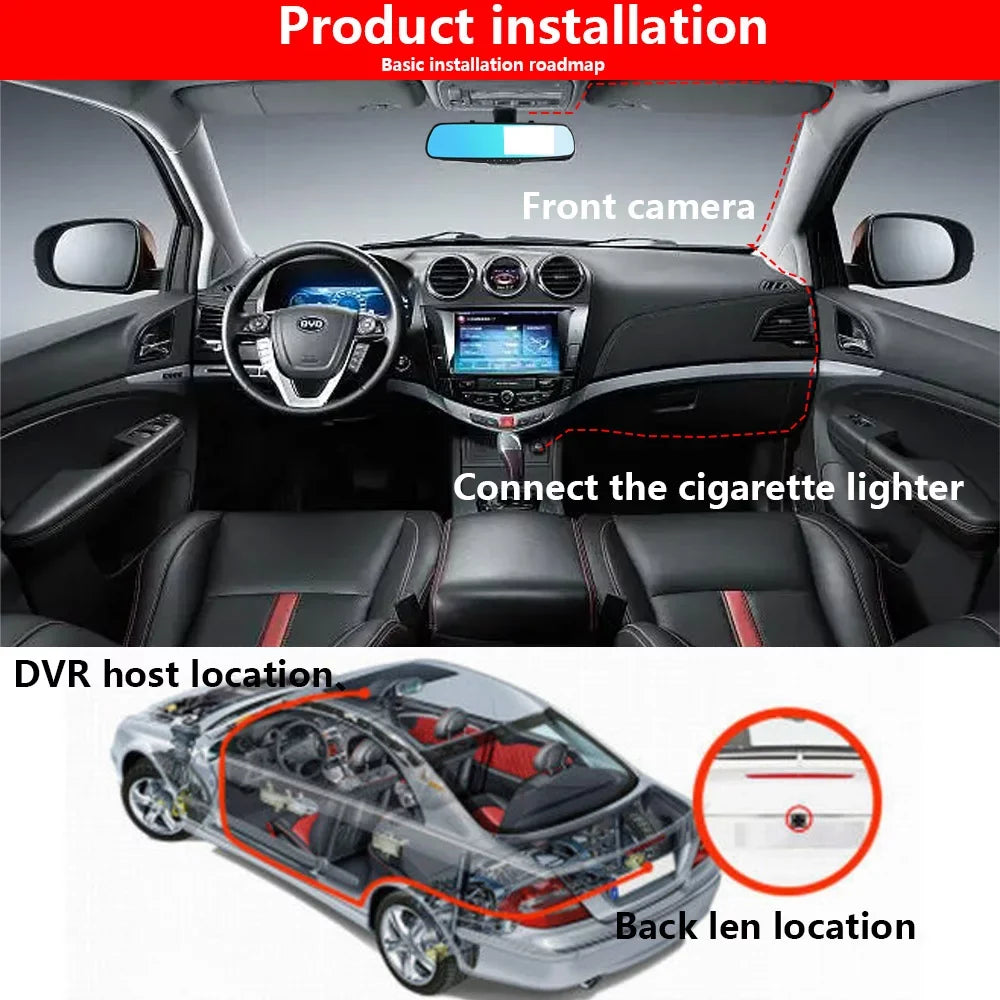 4.3"  1080P Dual Lens Car ，Dash Cam Video Camera Recorder Rearview Mirror