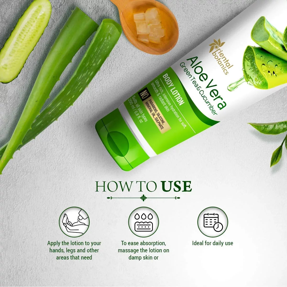 Oriental Botanics Aloe Vera, Green Tea & Cucumber Body Lotion | No Paraben &  - 200ml