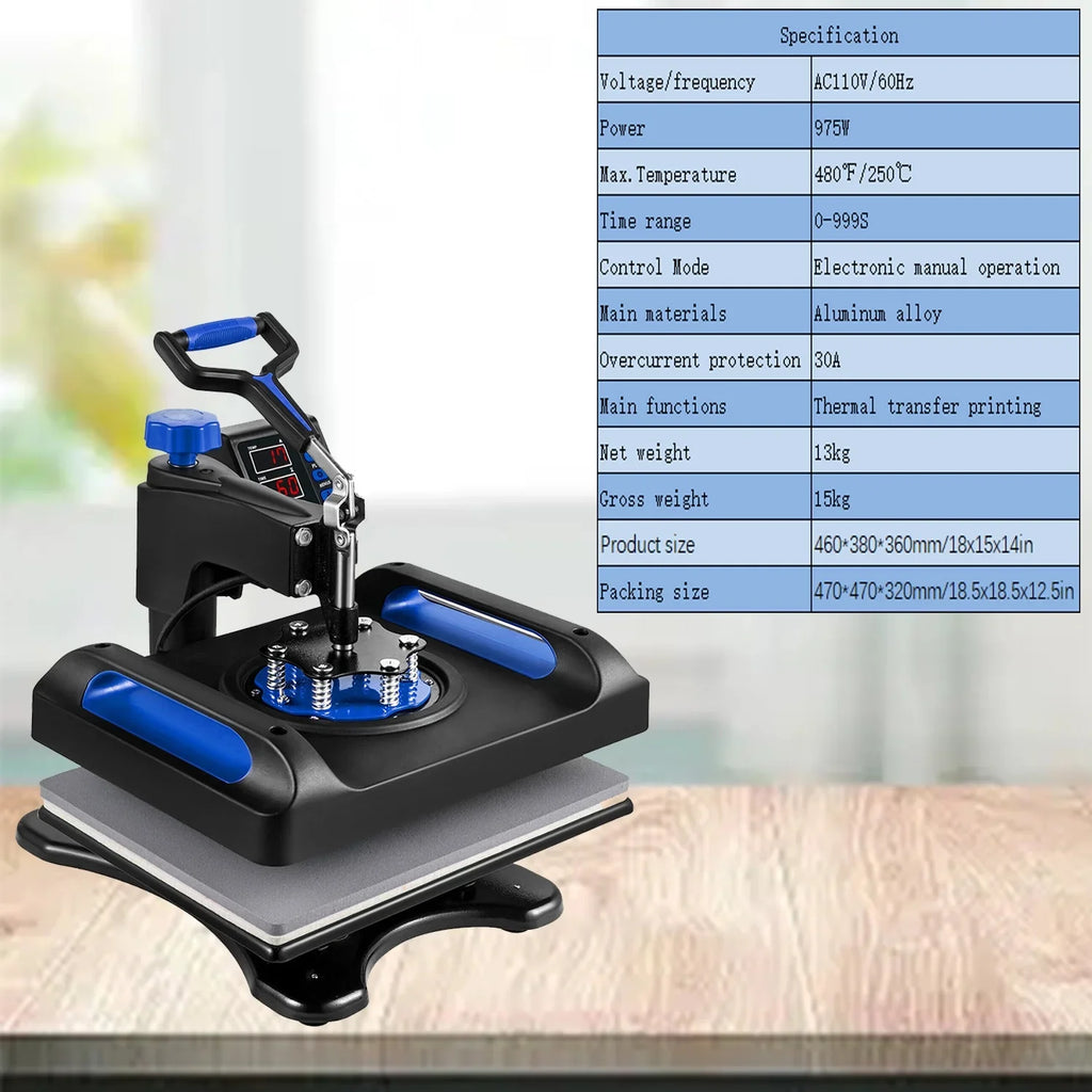 Blue Heat Press Machine 975W, 15 x 15 Inches Sublimation Transfer Printer, Digital Precise  Control Printing, 360 Swing Away Vinyl Transfer Printer for -Shirts, Canvas Bag, Pillow, Banner