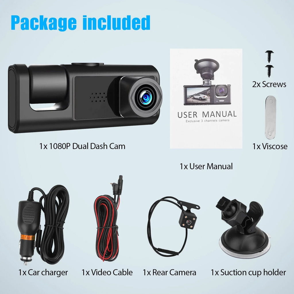 1080P Car Dual Dash Cam,  Front/Rear/Inside Dual Lens Dash Camera,  Video Recorder Camera with -sensor