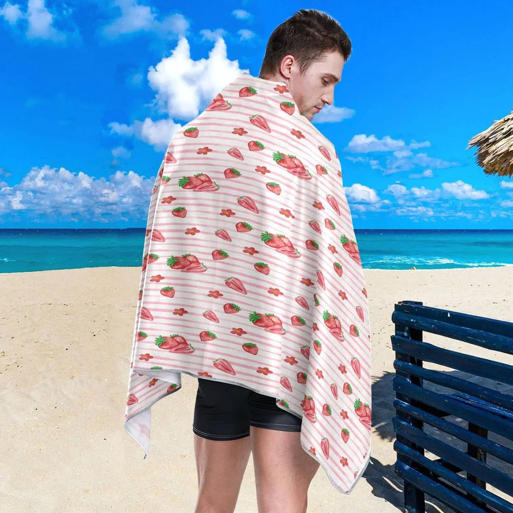 Bestwell Red Strawberry Pink  Beach Towel Oversized Towel Blanket, Thin Lightweight Microfiber Sand Free Quick Dry Towel, 30”” Multipurpose Pool Bath Yoga Swim Shower Towel