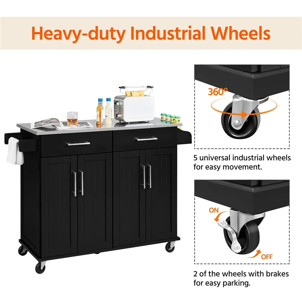 Topeakmart Rolling Kitchen Island with Storage Drawers & Towel Bar & Spice Rack, Black