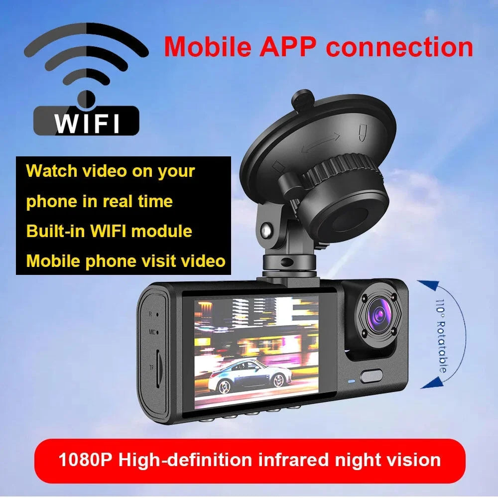 1080P  Dash Camera Front & Inside & Rear Camera Driving Recorder 2 Inch Screen Dashcam Support Night-Vision Loop Recording One-Key Lock WiFi version