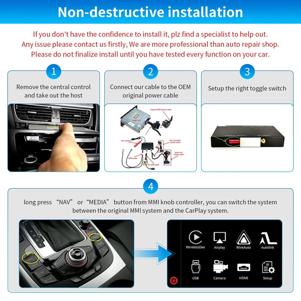 Ninetom Wireless Android Auto Carplay for Audi        2008-2015 Support 3GMMI System,Carplay Retrofit Kit,Mirrorlink,Siri,Navigation,YouTube,Original Control,Camera