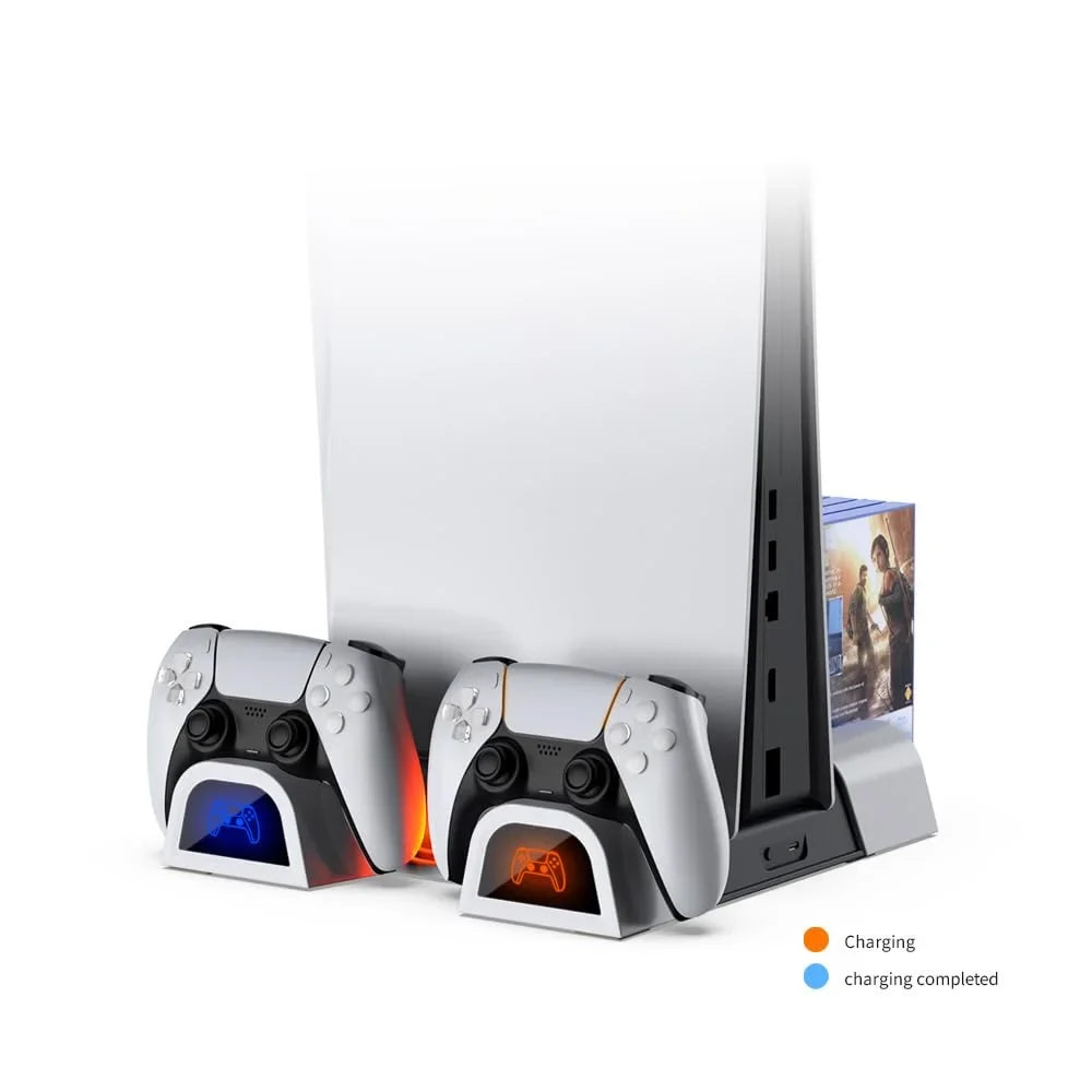 Cooling Stand Station with Dual Charging Base for  Slim Disc & Digital Version with 3-Level Cooling Fan, 10 Game Discs Slot & Media Remote Storage Slot-White Black