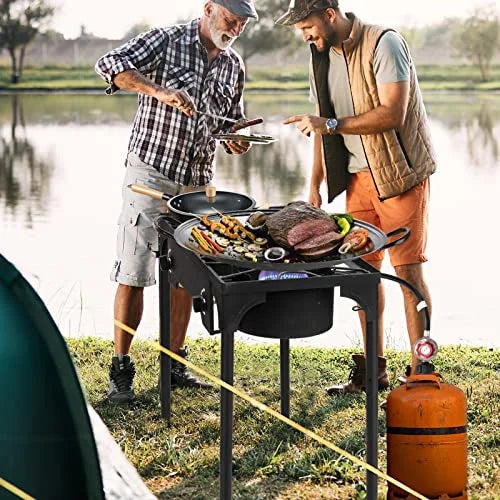 Outvita 2 Burner Propane Gas Stove for Outdoor Cooking, 150,000  Camping Cooker with Removable Legs, Temperature Control Knobs for Backyard Cooking, , Baking and Frying