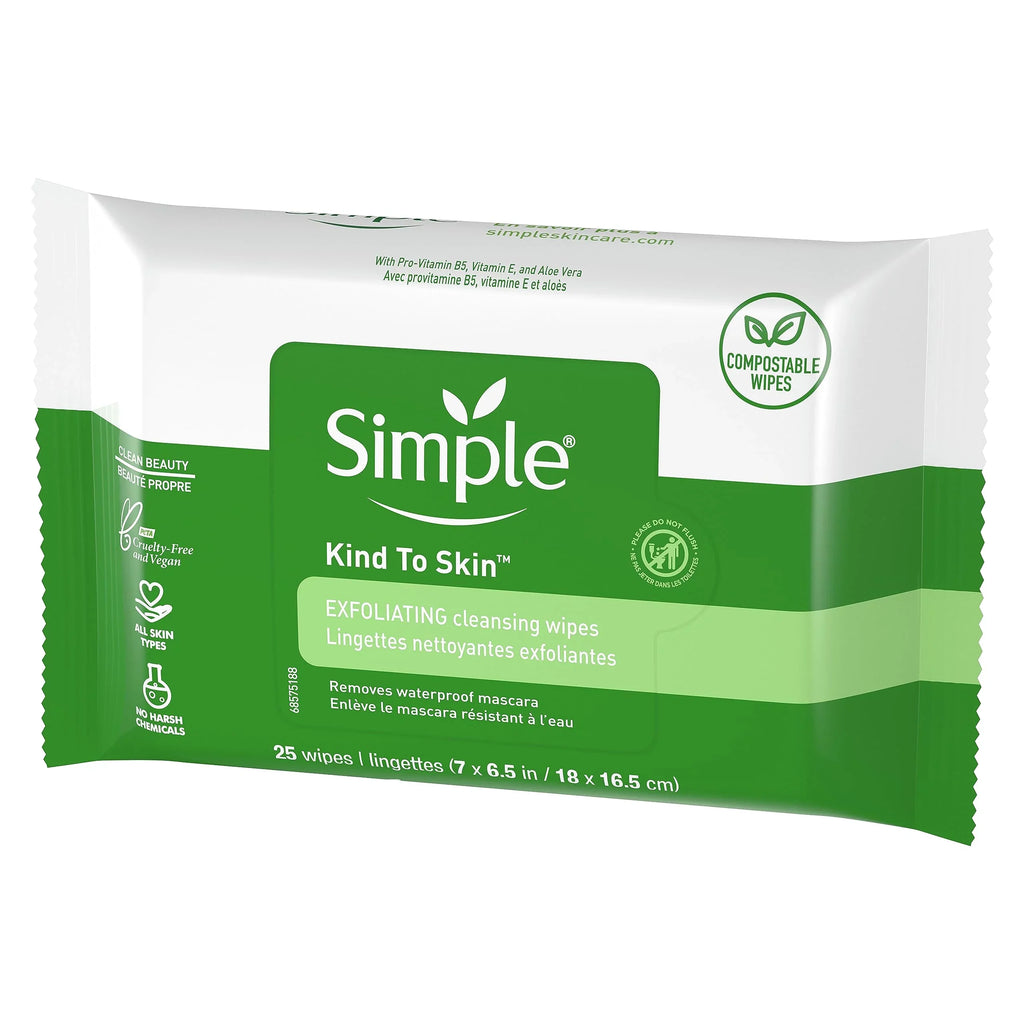 Simple Kind To Skin Cleansing Wipes Gentle And Effective Makeup Remover Exfoliating Free From Color And Dye, Artificial Perfume And Harsh Chemicals, 25 Count (Pack Of 4)