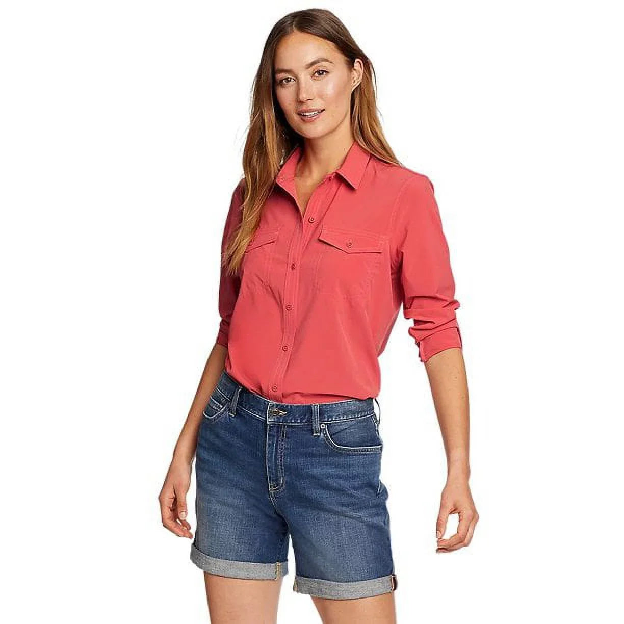 Eddie Bauer Ladies’ Size Medium Departure 2.0 Long Sleeve Shirt, Chili (red)