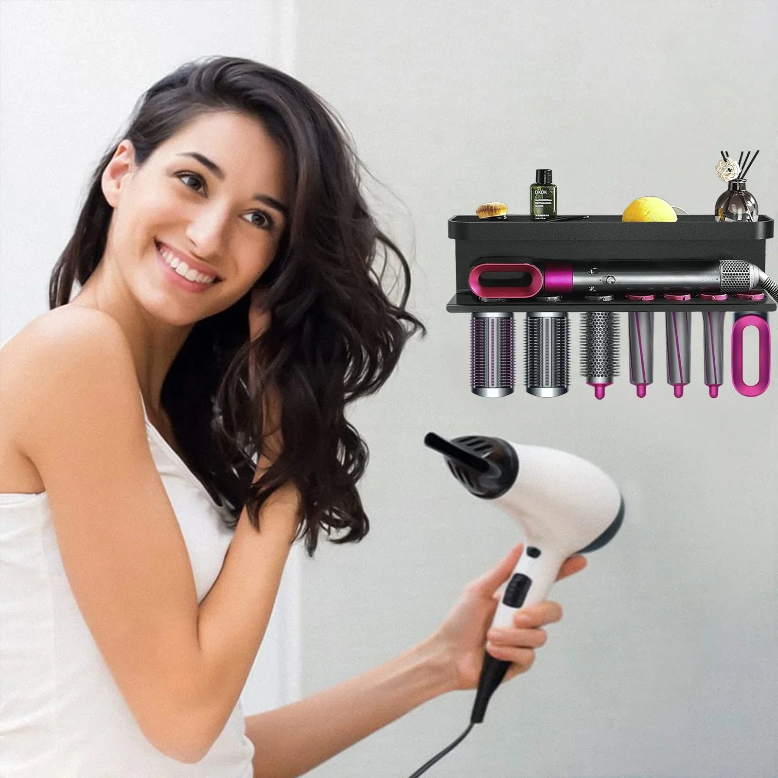 Linkidea Wall Mounted Stand Compatible with Dyson Airwrap, Hair Curling Iron Accessories Holder for Home Counter Bathroom Organizer (Black)