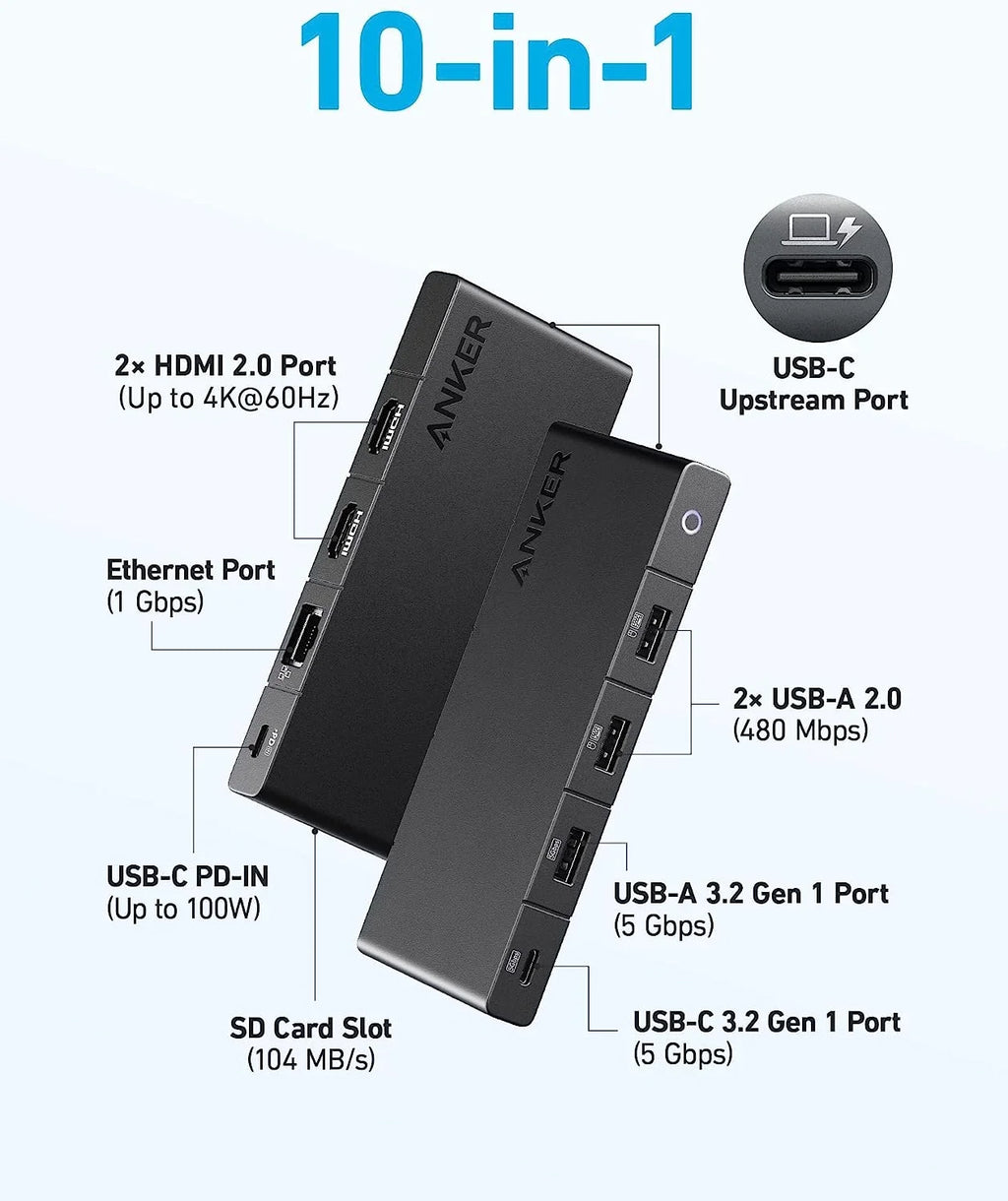 Anker 364   Hub (10-in-1, Dual 4K ) with Max 100W Power Delivery, Dual 4K  Ports, 4 - and - Data Ports, Ethernet and  Card Slot for Dell Laptop, ThinkPad, and More