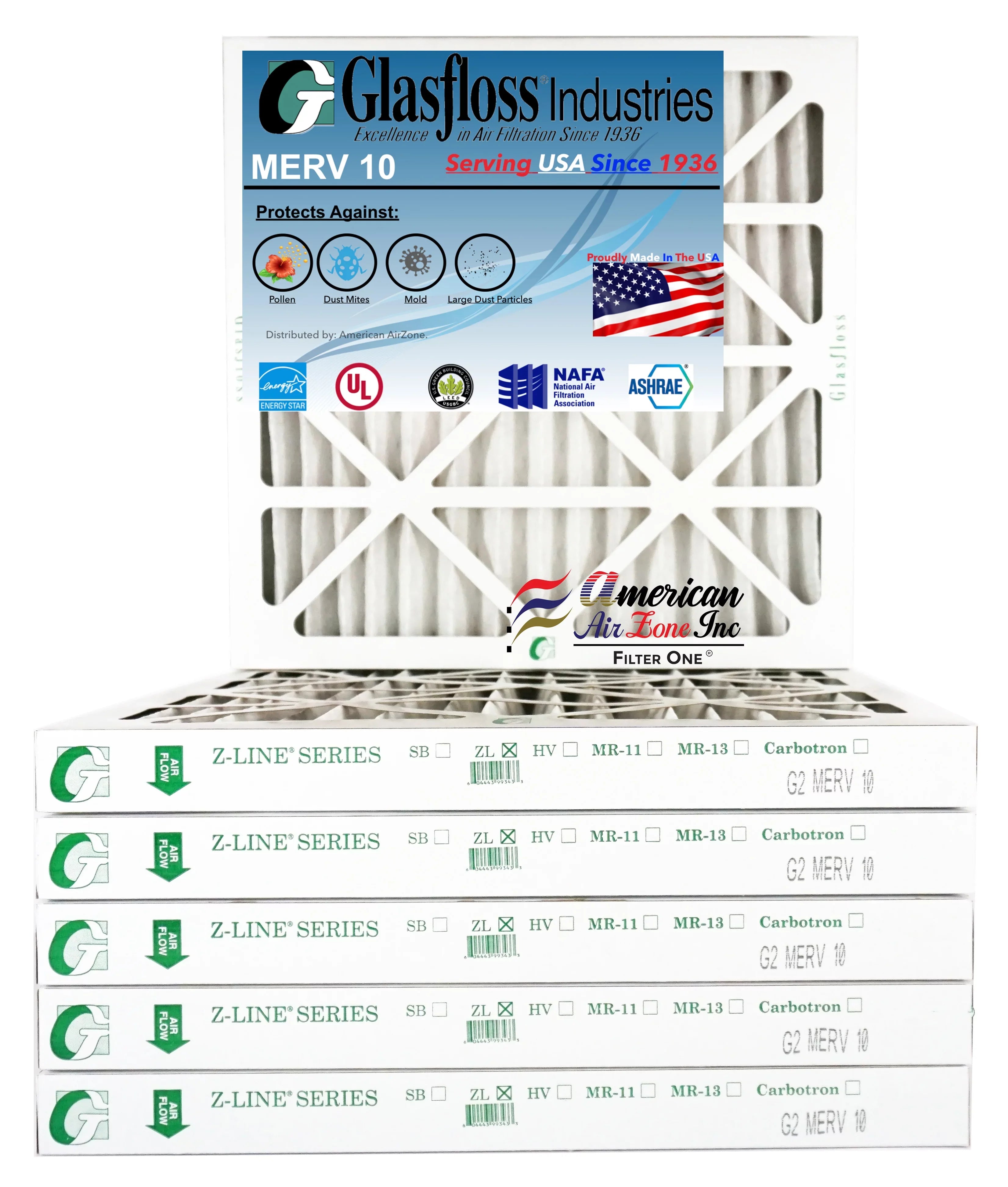 Glasfloss Air Filter 20x22x2 - 2"  10 - (Pack of 6) - Pleated  or  Air Filter - Furnace Air Filter - Home or Office - Made In The .
